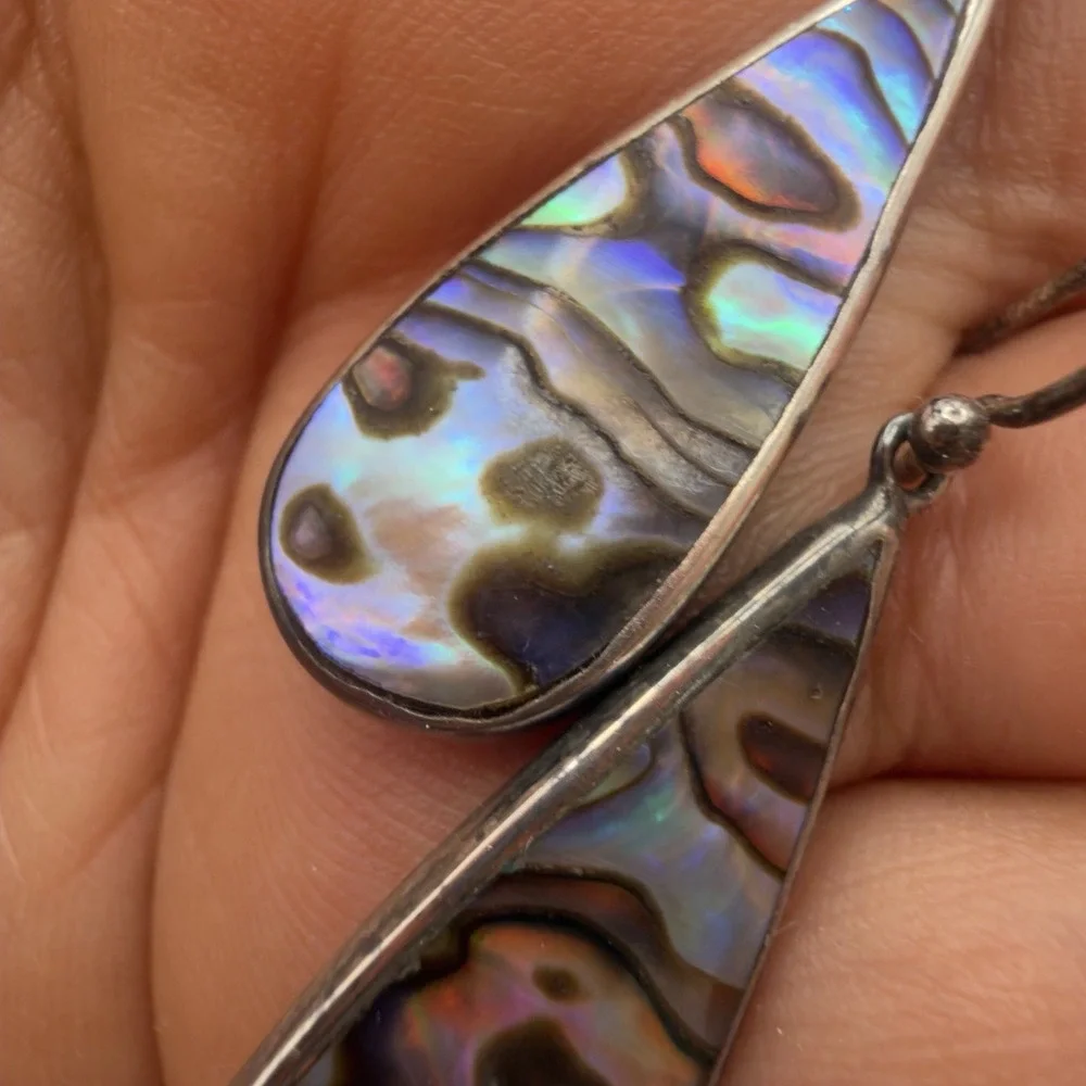 Vtg ATI Abalone Shell Sterling Silver Earrings Teardrop Dangle Pretty